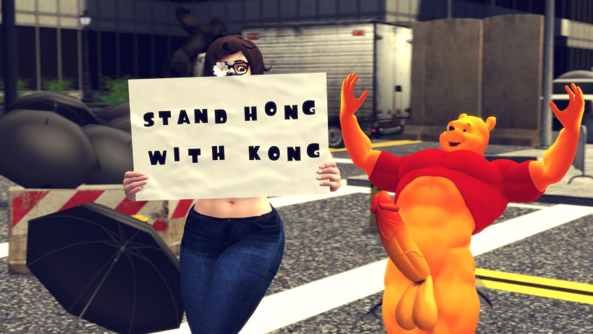 3d abs arms_spread bottomless disney erection large_penis mei_(overwatch) overwatch pecs penis ponkosfm pooh_bear smooth_skin source_filmmaker testicles umbrella winnie_the_pooh_(franchise) xi_jinping