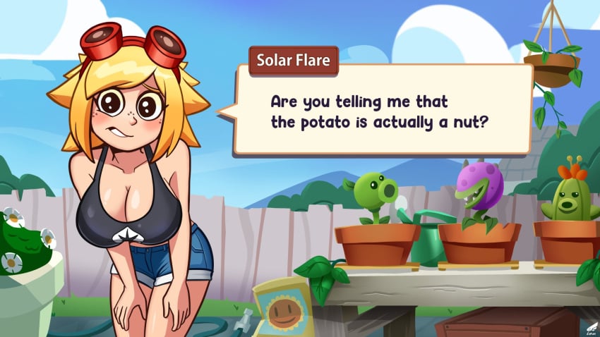 anthro belly belly_button big_breasts blonde_female blonde_hair blush breasts cleavage dialogue gijinka goggles goggles_on_forehead goggles_on_head human humanoid jeans lykan_starlight plant plant_girl plant_humanoid plants_vs_zombies pvz short_hair short_shorts shorts smile solar_flare_(pvz) tagme tank_top