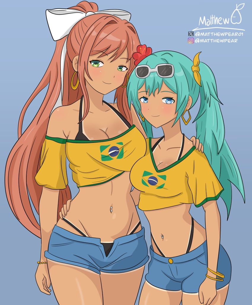 2girls blue_eyes brazil brazilian brazilian_female brazilian_miku brazilian_monika brazilianfy breasts cleavage crossover doki_doki_literature_club green_eyes hatsune_miku long_hair matthewpear01 monika_(doki_doki_literature_club) navel navel_piercing pierced_navel piercing tanline