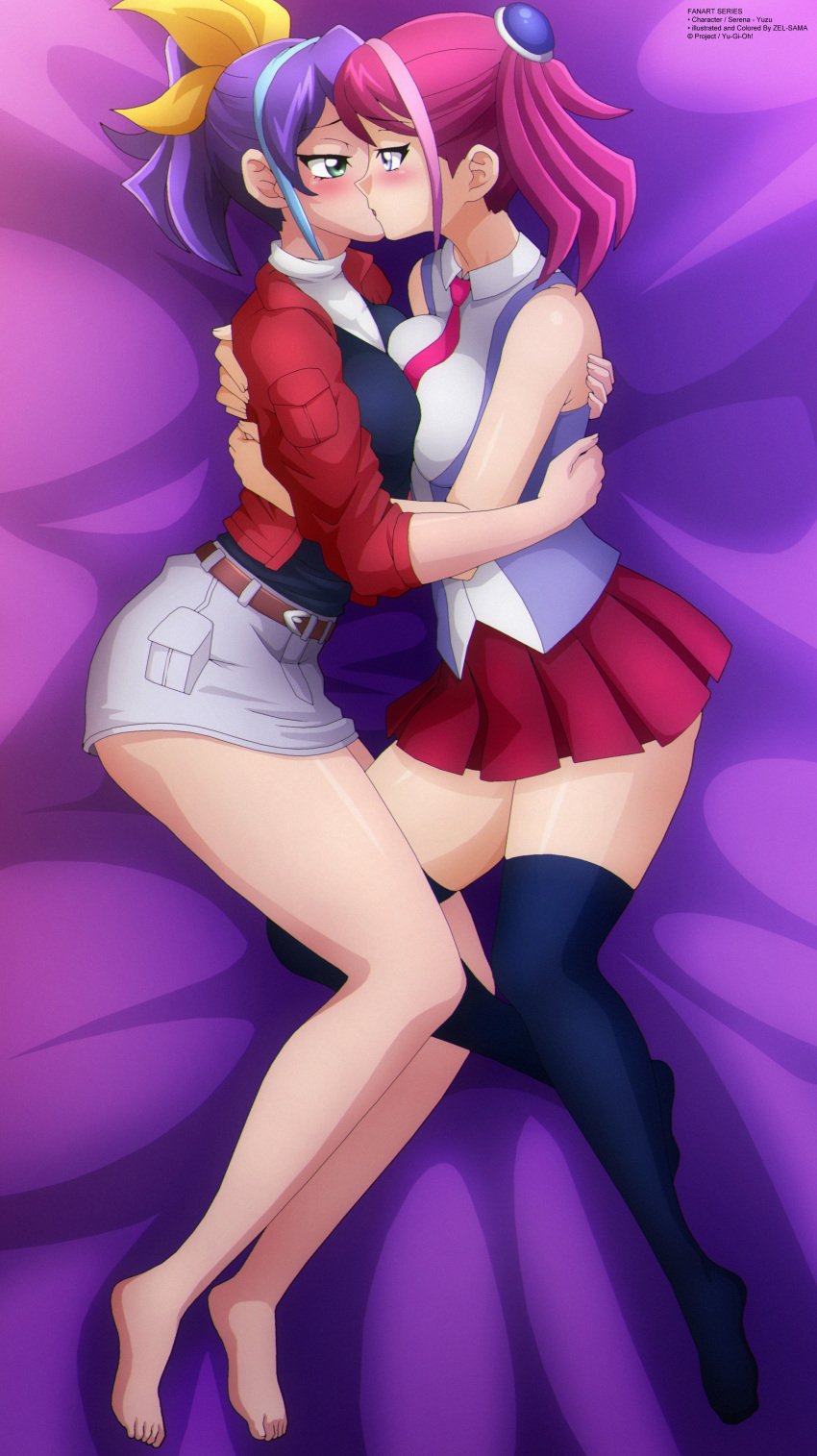 2girls bed blue_eyes blue_hair blush celina clothing female/female female_only green_eyes hi_res hiiragi_yuzu huge_breasts hugging kissing lesbian_kiss pink_hair ponytail ribbon serena_(yu-gi-oh!_arc-v) thick tongue_kiss twintails yu-gi-oh! yu-gi-oh!_arc-v yuri zel-sama zuzu_boyle