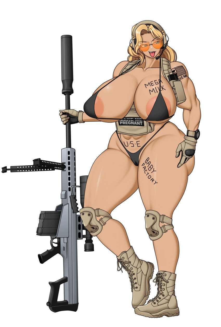 barrett_m82 big_breasts big_thighs bitch blonde_hair breasts curvy curvy_female curvy_figure gun huge_breasts huge_thighs military military_gear military_uniform mk001black muscular muscular_female natalie_(mk001black) original original_character slut slutty_outfit sniper_rifle sunglasses tan_skin tan_skinned_female thick_butt thick_female thick_legs thick_thighs