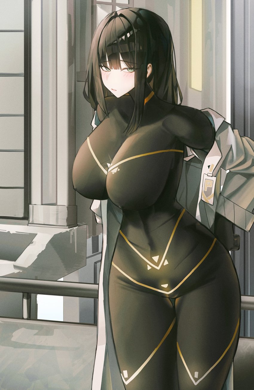 1girls black_hair bodysuit cesara_(limbus_company) coat female female_focus female_only green_hair large_breasts limbus_company long_hair looking_at_viewer nipples project_moon removing_clothing removing_coat skinsuit two_strongtiger undressing white_coat