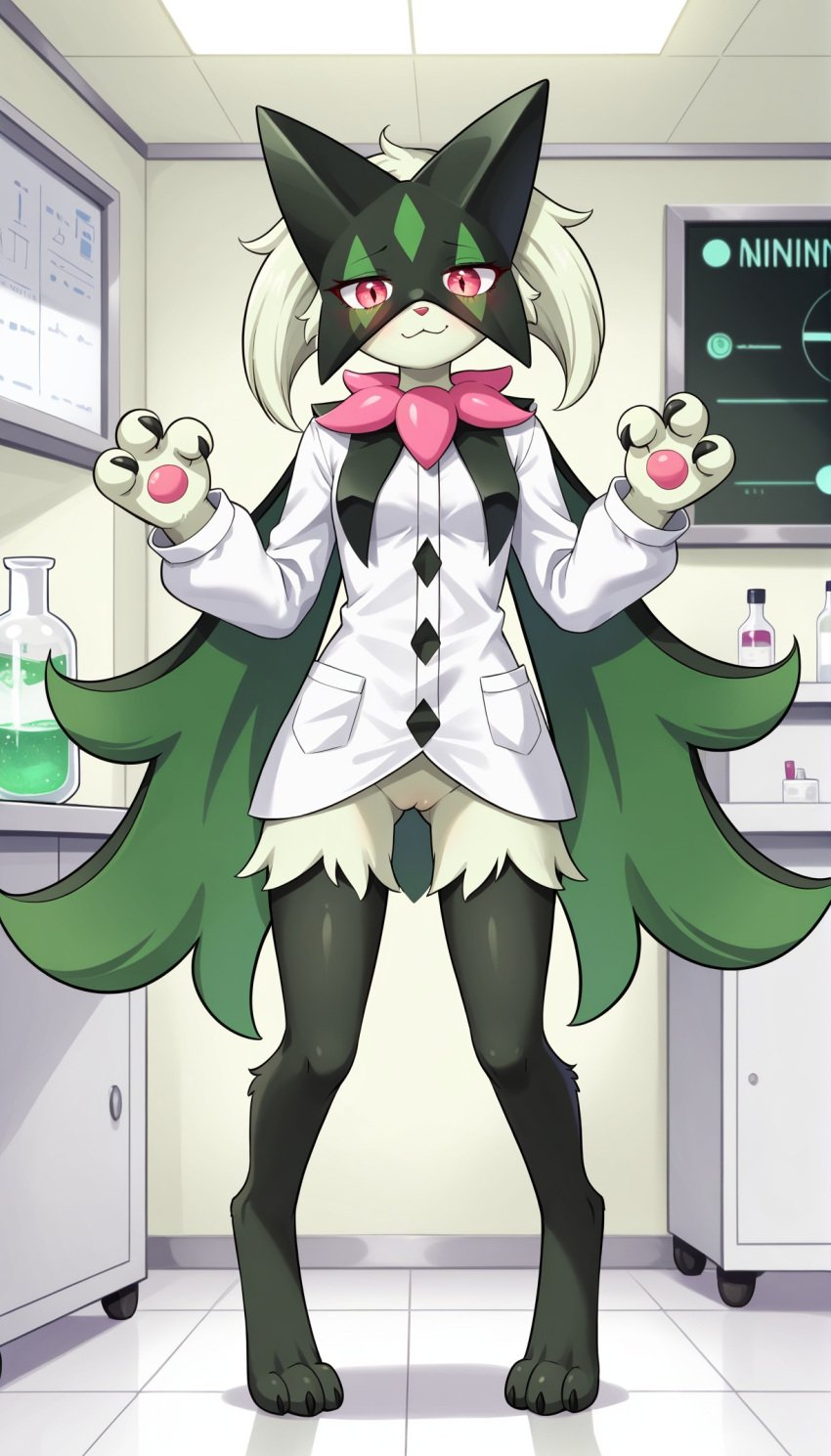 1girls 2024 ai_generated anthro blushing bottomless bottomless_female digitigrade female female_only generation_9_pokemon green_fur hi_res indoors innie_pussy labcoat looking_at_viewer meowscarada nintendo pink_eyes pokemon pokemon_(species) pussy scientist slit_pupils smile