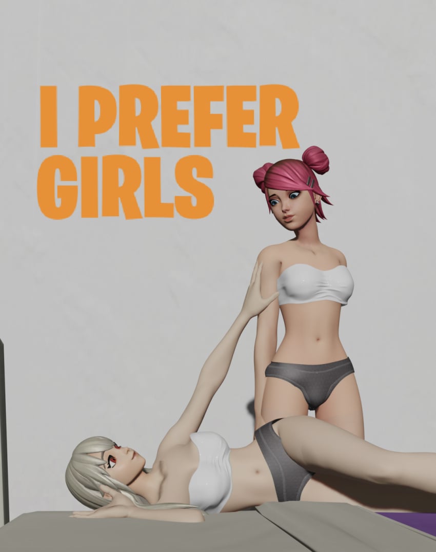 2girls before_sex bra female/female female_only female_with_female fortnite fortnite:_battle_royale i_prefer_girls laid_down lesbian lexa_(fortnite) meme panties princess_lexa_(fortnite) skye_(fortnite) summer_skye_(fortnite) text underwear yuri