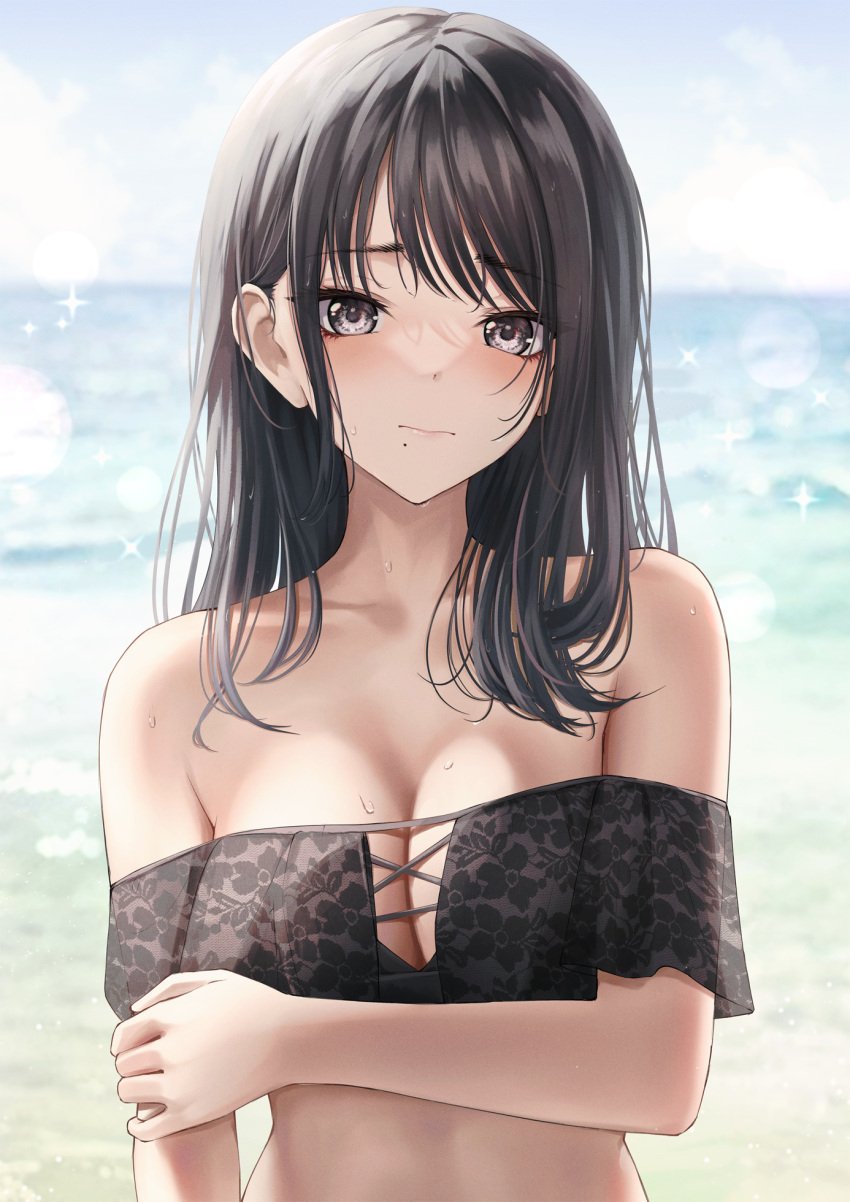 1girls bare_arms bare_belly bare_chest bare_hands bare_hips bare_midriff bare_shoulders bare_skin beach belly bikini bikini_top black_bikini black_bikini_top black_hair black_hair_female black_swimsuit black_swimwear blurred_background blurry_background blush blush_face blushed_face blushing_at_viewer blushing_face blushing_female breasts busty busty_female busty_girl busty_teen cleavage collarbone day daylight daytime dot_nose dripping_wet elbows embarrassed embarrassed_exposed_female embarrassed_expression embarrassed_female exposed exposed_arms exposed_midriff exposed_shoulders female female_focus female_only fingers hand_on_arm hand_on_own_arm high_resolution highres horizon idolmaster idolmaster_shiny_colors kazano_hiori large_breasts lean_body lean_figure light-skined_female light-skinned light-skinned_female light_skin light_skin_female light_skinned light_skinned_female lips long_hair looking_at_viewer marinesnow narrow_waist ocean outdoor outdoors outside sea seaside shoulders simple_background slender_body slender_waist slim_girl slim_waist soaked solo standing swimsuit swimwear teen_girl teenage_girl teenager thin_waist upper_body wet wet_bikini wet_body wet_breasts wet_face wet_hair wet_skin white-skinned_female white_skin