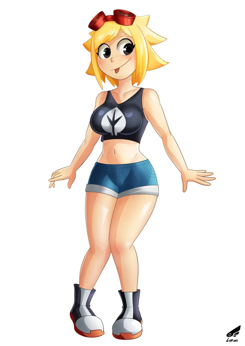 anthro belly belly_button big_breasts blonde_female blonde_hair blush breasts cleavage gijinka goggles goggles_on_forehead goggles_on_head human humanoid jeans lykan_starlight plant plant_girl plant_humanoid plants_vs_zombies pvz short_hair short_shorts shorts smile solar_flare_(pvz) tagme tank_top