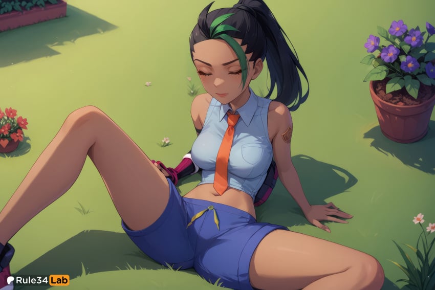 1girls ai_generated anime_girl anime_style arm_support bare_shoulders black_hair blue_shorts breast_pocket breasts closed_eyes closed_mouth collared_shirt dark-skinned dark-skinned_female dark_skin day eyelashes flower freckles gloves grass green_hair hair_pulled_back hi_res knee_up long_hair medium_breasts midriff multicolored_hair naranja_academy_school_uniform navel necktie nemona_(pokemon) orange_necktie outdoors plant pocket pokemon pokemon_(anime) pokemon_(game) ponytail rule34lab school_uniform shirt shoes short_hair shorts single_glove sitting sleeveless sleeveless_shirt solo spread_legs streaked_hair tattoo two-tone_hair white_shirt