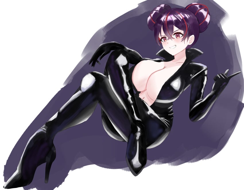 1girls black_boots bodysuit breasts_bigger_than_head cleavage crossed_legs goddess_of_victory:_nikke huge_breasts large_breasts looking_at_viewer open_clothes purple_hair quency_(escape_queen)_(nikke) red_eyes sitting wide_hips