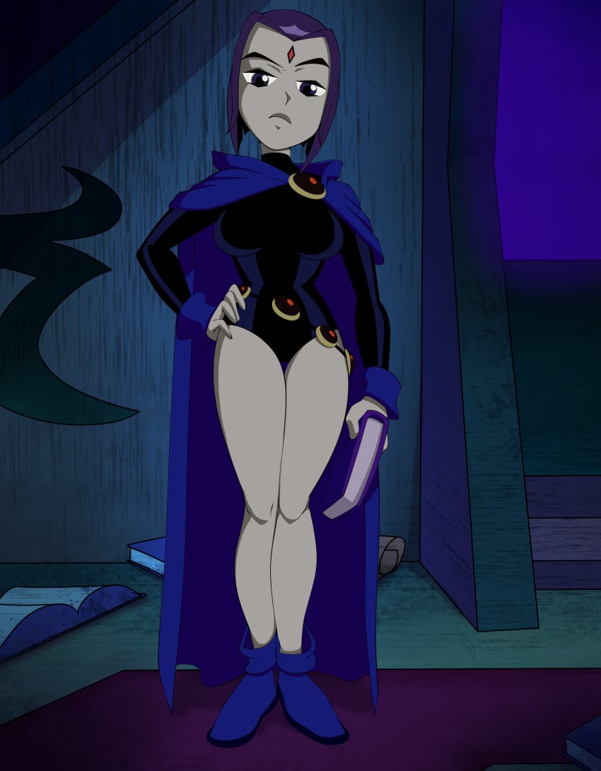 1girls background belt book boots breasts cape clothed clothing dc dc_comics edit female female_focus footwear frown frowning grey_skin grey_skinned_female hand_on_hip legs legs_together leotard lips long_sleeves looking_at_viewer medium_breasts purple_eyes purple_hair rachel_roth raven_(dc) shoes solo solo_female standing straight_hair superhero superheroine teen_titans theboogie thighs