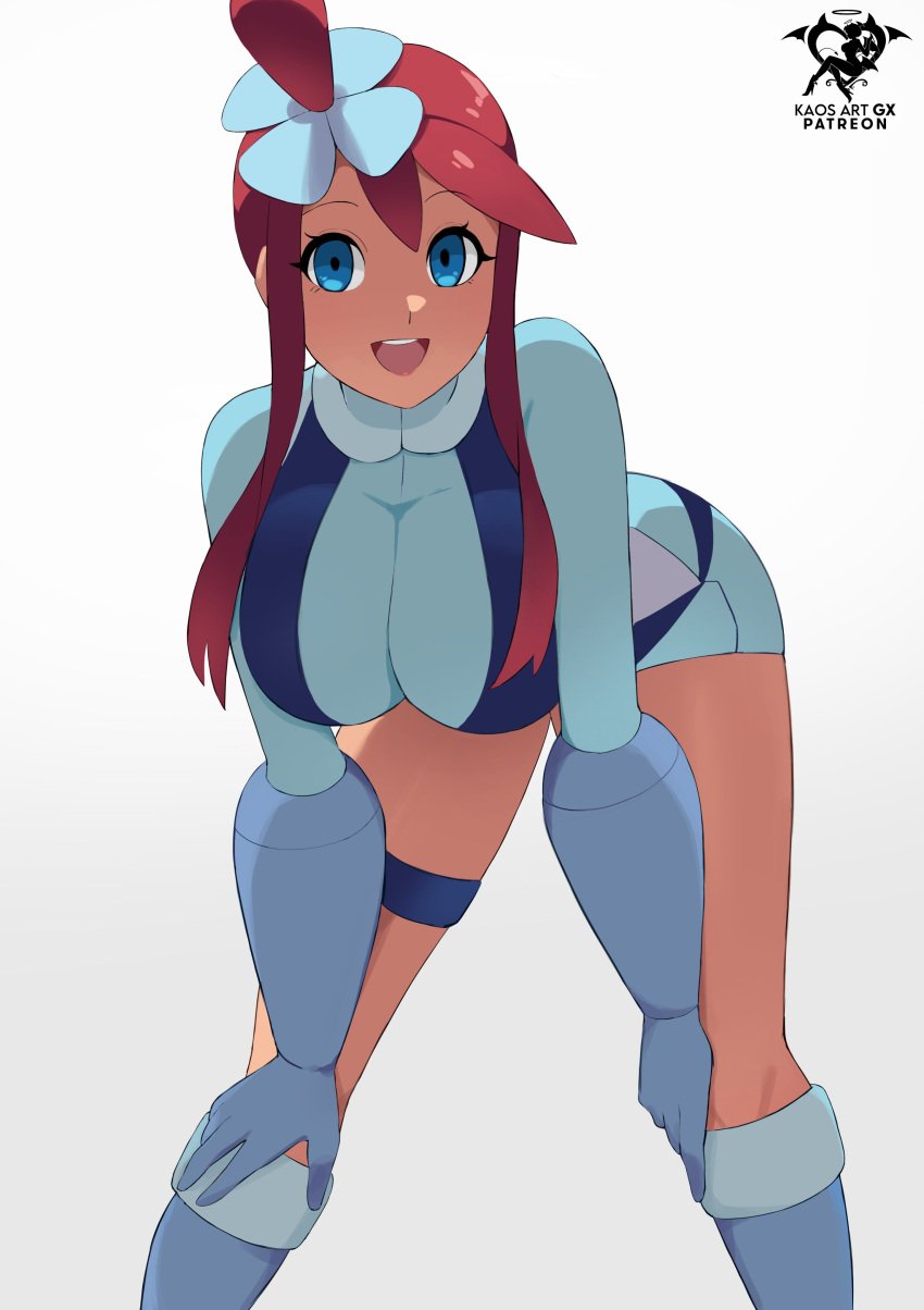 1girls 2024_pokemon_teraleak absurdres artist_name bent_over blue_eyes blue_footwear blue_gloves blue_shorts breasts creatures_(company) crop_top cropped_jacket female game_freak gloves hands_on_own_knees highres kaos_art large_breasts latina midriff nintendo one_side_up open_mouth pokemon pokemon_bw pouch red_hair sexy short_shorts shorts sidelocks skyla_(pokemon) smile solo swept_bangs thigh_pouch thigh_strap