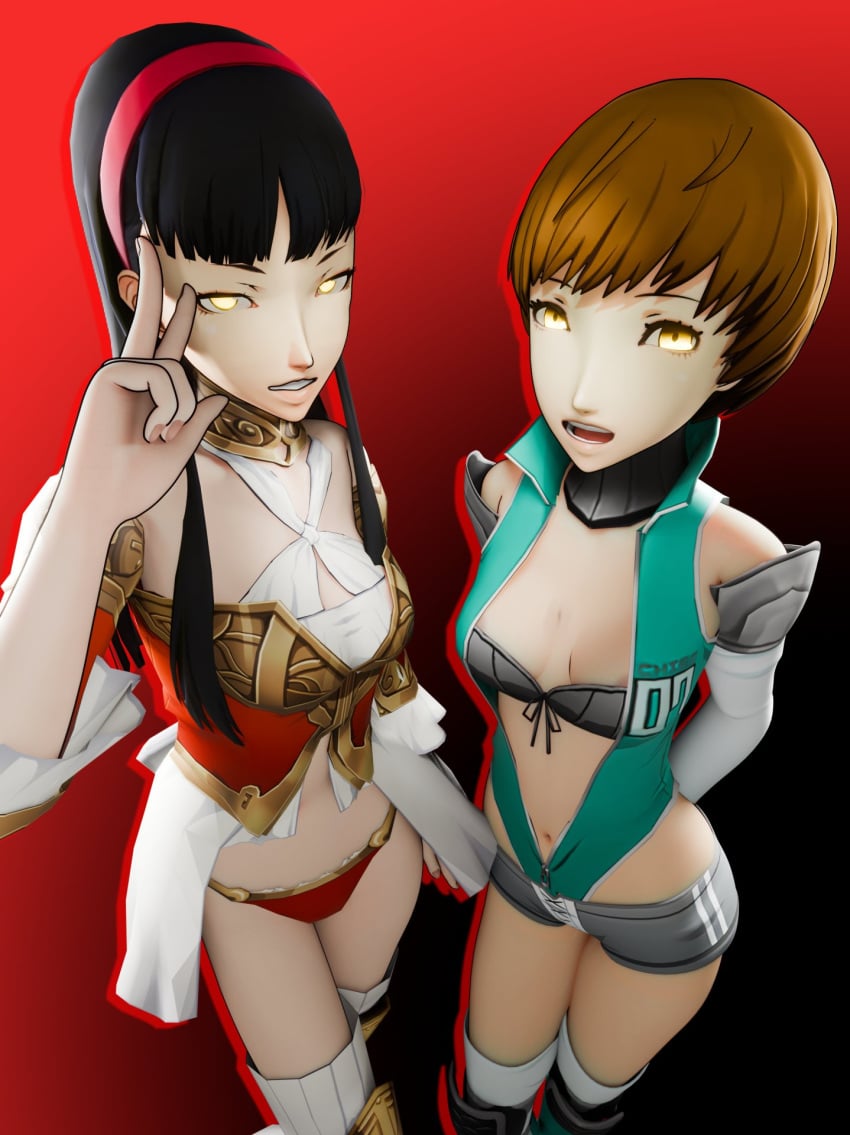 2girls 3d amagi_yukiko amateurthrowaway high-cut_armor highres looking_at_viewer multiple_girls persona persona_4 satonaka_chie tagme yellow_eyes