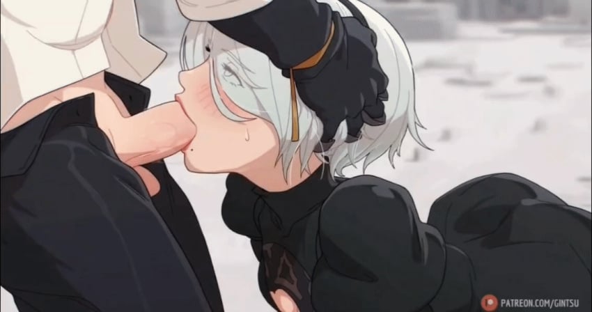 android animated ass blowjob blue_eyes blush cum cum_in_mouth cum_inside deep_blowjob deep_throat deepthroat fellatio gintsu hair_between_eyes head_grab light_skinned_male medium_hair mole_under_mouth nier nier:_automata open_mouth red_lipstick sweat uncensored white_hair yorha_2b