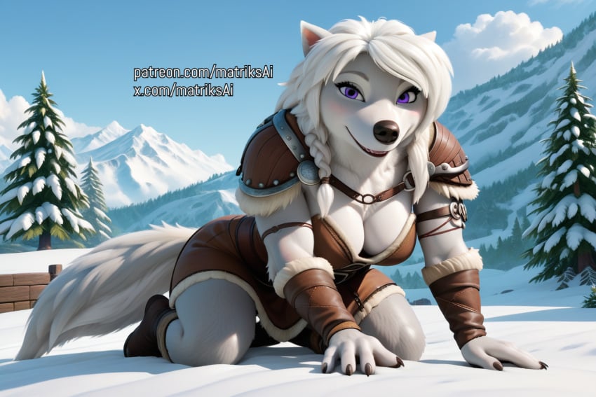 ai_generated alpha_and_omega anthro big_breasts breasts canine cleavage dress female fluffy furry giant_breasts huge_breasts large_breasts lilly_(alpha_and_omega) matriksai paws solo winter wolf