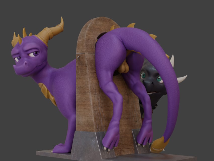 activision balls being_watched claws cynder dragon feral genitals hi_res horn looking_at_another looking_back male mythological_creature mythological_scalie mythology no-name-no-problem restraints scalie solo spyro spyro_the_dragon stocks stuck tail through_wall