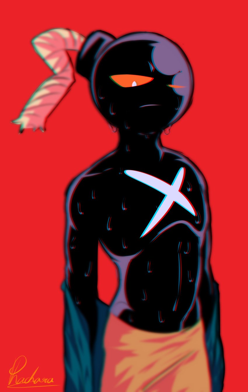 2021 black_body bomb_humanoid chest_markings friday_night_funkin friday_night_funkin_mod jacket_removed male_only non-human object_head orange_eyes phachara_(pixiv) red_background simple_shading stickman sweat twink whitty_(friday_night_funkin)