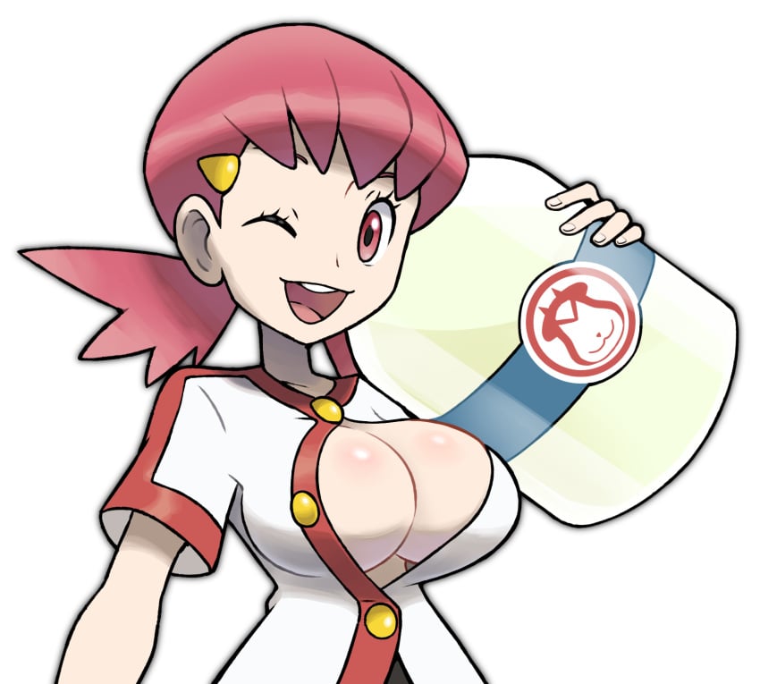 2024 accurate_art_style big_breasts cleavage commission huge_breasts looking_at_viewer milk nintendo no_bra pink_eyes pink_hair pokemon siczak tagme unbuttoned unbuttoned_shirt whitney_(pokemon) wink