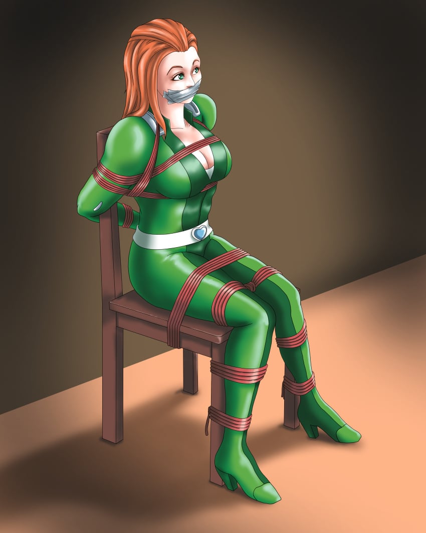 allthefantasies bondage bound chair chair_bondage cleavage female female_only femsub fully_clothed gag green_clothing green_eyes png red_hair rope sam_(totally_spies) shiny_clothes tape tape_gag tight_clothing totally_spies