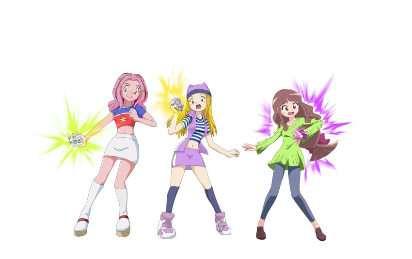 3girls digimon digimon_frontier digimon_ghost_game digivice female game izumi_orimoto mankor mimi_tachikawa pre-transformation ruri_tsukiyono sequence tf transformation transformation_sequence zoe_orimoto