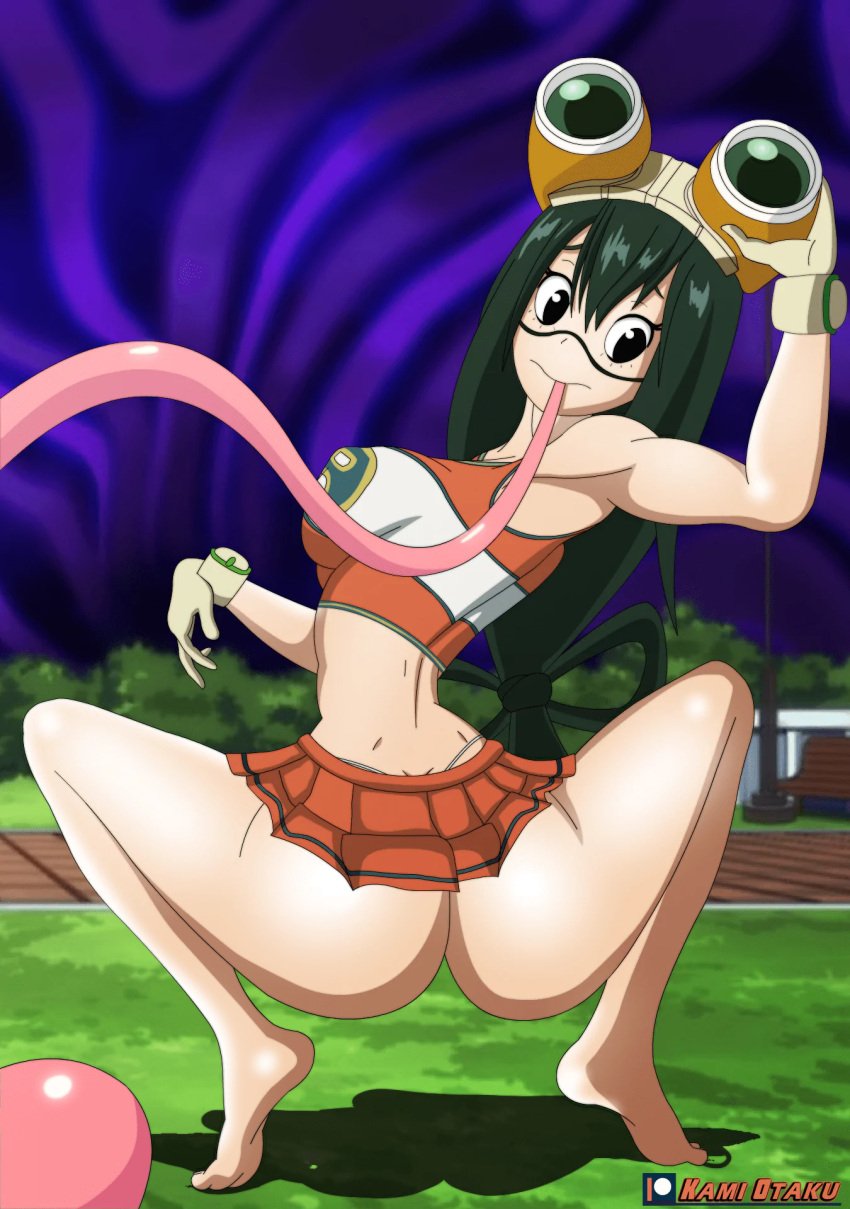 1girls ass breasts bubble_butt cheerleader cheerleader_uniform dat_ass female gloves gloves_only green_hair kami_otaku long_hair long_tongue my_hero_academia outdoors outside solo squatting tongue tongue_out tsuyu_asui u.a._cheerleader_outfit white_skin