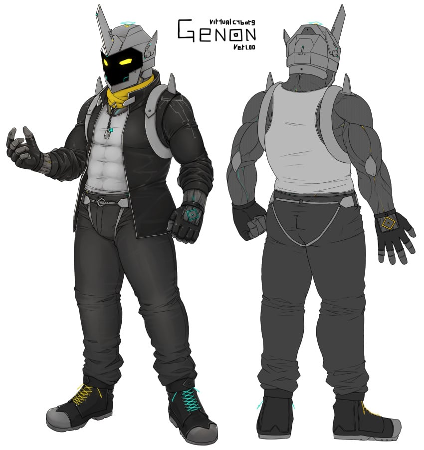 2018 abs bulge character_sheet fingerless_gloves genon gray_body jacket male_only metallic_body muscular_male robot screen_face tagme tagme_(artist) tank_top translation_request yellow_eyes