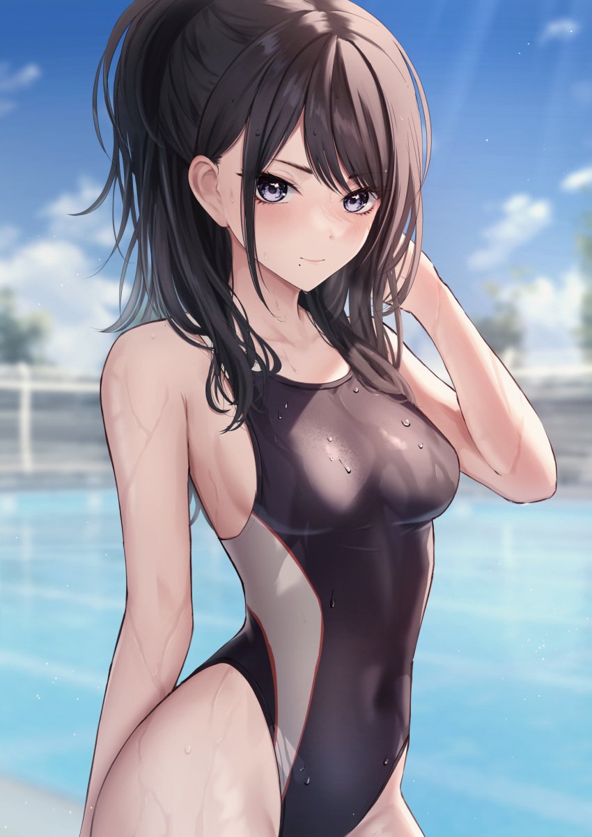 1girls belly_button bikini black_bikini black_hair black_hair_female black_one-piece_swimsuit black_swimsuit black_swimwear blue_sky blurred_background blurry_background blush blush_face blushed_face blushing_at_viewer blushing_face blushing_female breasts clouds collarbone dot_nose dripping_wet elbows embarrassed embarrassed_exposed_female embarrassed_expression embarrassed_female female female_focus female_only high_resolution highres idolmaster idolmaster_shiny_colors kazano_hiori lean_body lean_figure light-skined_female light-skinned light-skinned_female light_skin light_skin_female light_skinned light_skinned_female long_hair looking_at_viewer marinesnow medium_breasts mole mole_under_mouth narrow_waist navel one-piece_swimsuit outdoor outdoors outside ponytail pool poolside purple_eyes purple_eyes_female shoulders sideboob sidelocks sky slender_body slender_waist slim_girl slim_waist soaked solo standing swimsuit swimwear thin_waist upper_body v-line wet wet_belly wet_bikini wet_body wet_breasts wet_face wet_hair wet_legs wet_skin wet_thighs white-skinned_female white_skin wide_hips