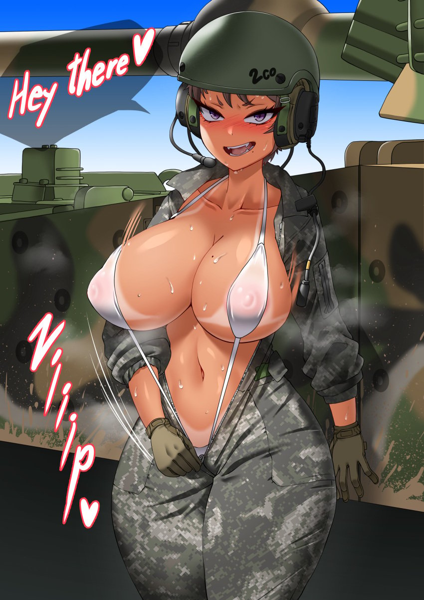 big_breasts breasts brown_hair exhibitionism helmet hitch_(hitch_driessen/perotoss400/kirochef) jumpsuit large_breasts military military_uniform purple_eyes sex string_bikini sweat sweaty tan_body tank tanline tomboy