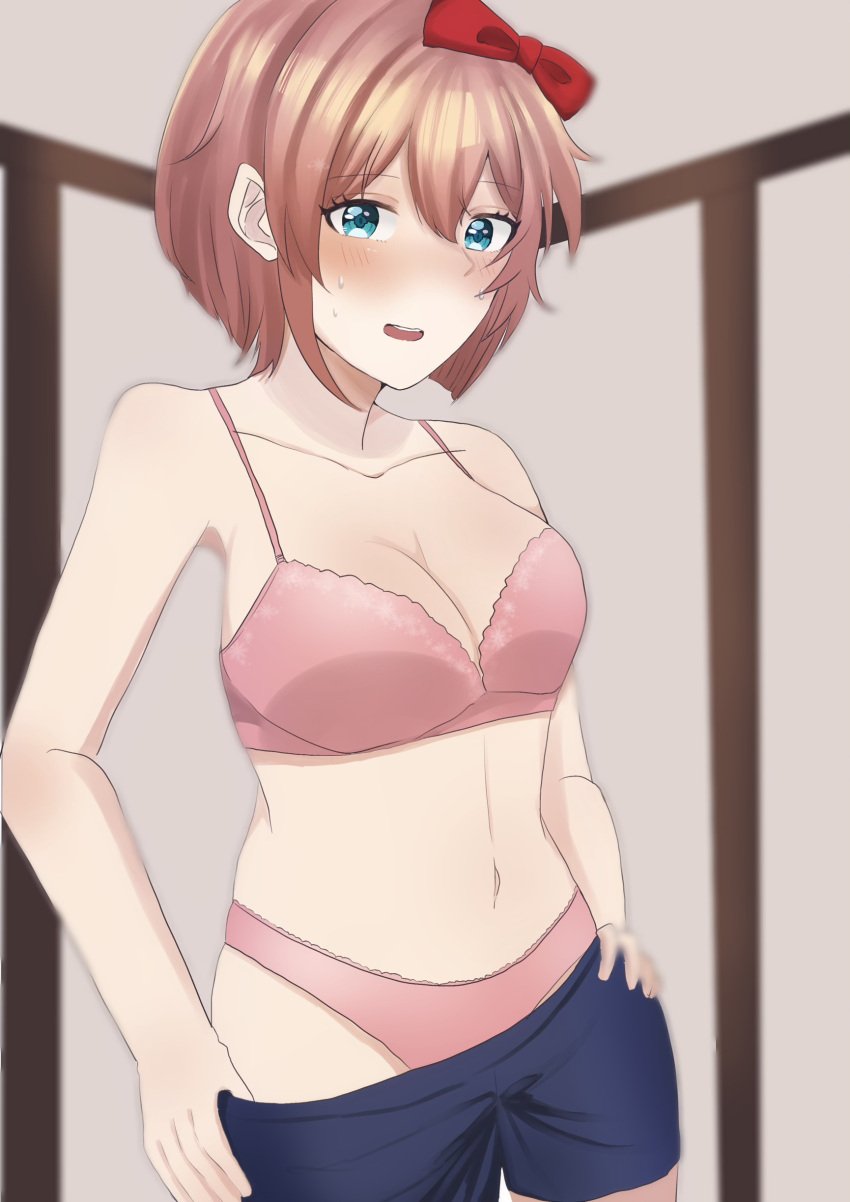 1female 1girls 5_fingers bare_shoulders blue_eyes bow bra breasts cleavage collarbone doki_doki_literature_club female_focus hair_bow hairbow matching_underwear navel panties pink_bra pink_panties red_bow red_hair_bow red_hairbow sayori_(doki_doki_literature_club) shorts strawberry_blonde_hair むぎ_(pixiv_user_id_25165437)