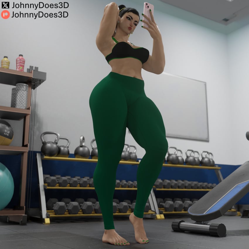 1girls 3d 3d_model abs asian_female background barefoot brown_eyes brown_hair cellphone cellphone_camera cellphone_picture chun-li curvaceous_female curvy curvy_body curvy_female curvy_figure curvy_thighs feet feet_up female foot_fetish green_nails green_pants gym gym_clothing gym_uniform hand_on_head johnnydoes3d leggings mature_female milf muscular_female one_eye_closed posing posing_for_picture posing_for_the_viewer pucker puckered_lips street_fighter street_fighter_6 thick_ass thick_butt thick_hips thick_legs thick_lips thick_thighs topwear white_skin