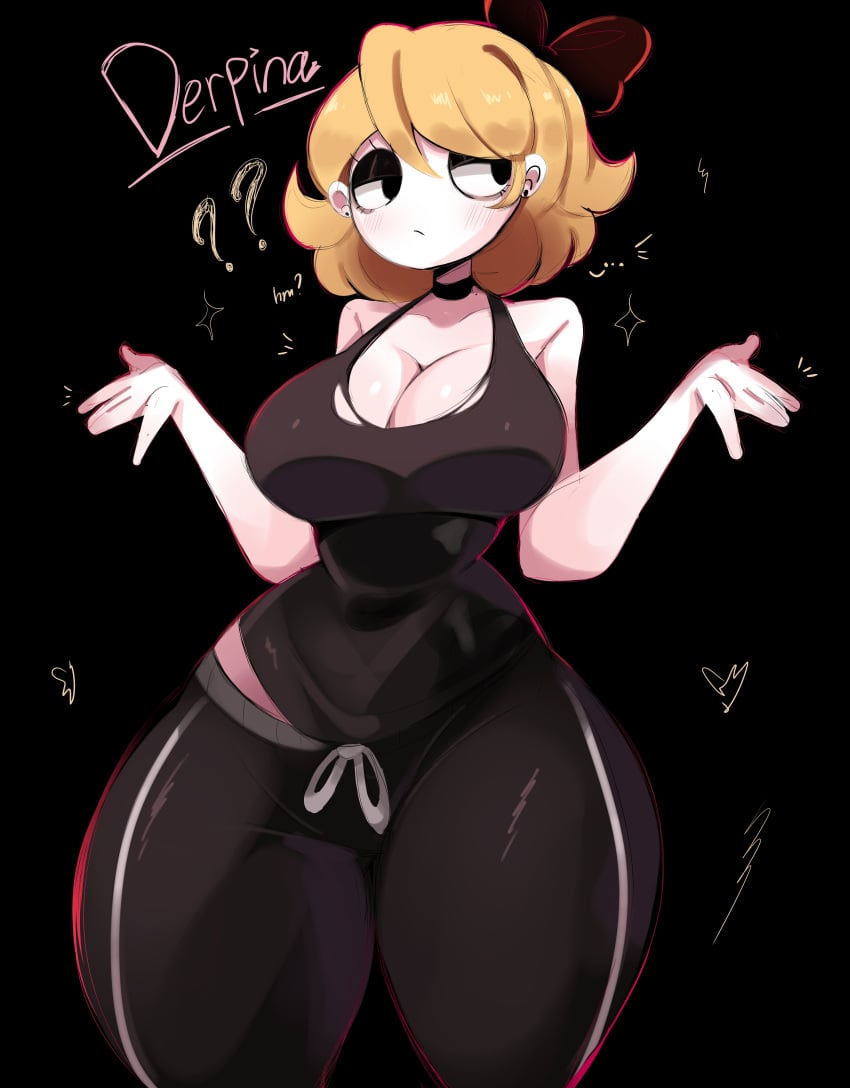 big_breasts black_background blonde_hair blush cleavage cute derpina earrings eyeshadow fluffy_hair fully_clothed gazericc hair_ribbon light-skinned_female ribbon short_hair simple_background sweatpants thick_thighs white_body