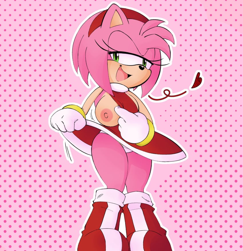 amy_rose artwork_(digital) big_ass big_breasts big_nipples big_thighs female gloves green_eyes panties pink_body pink_fur pink_hair pink_nipples red_dress short_hair short_hair_female skinny_girl solo solo_female solo_focus sonic_(series) sonic_the_hedgehog_(series)