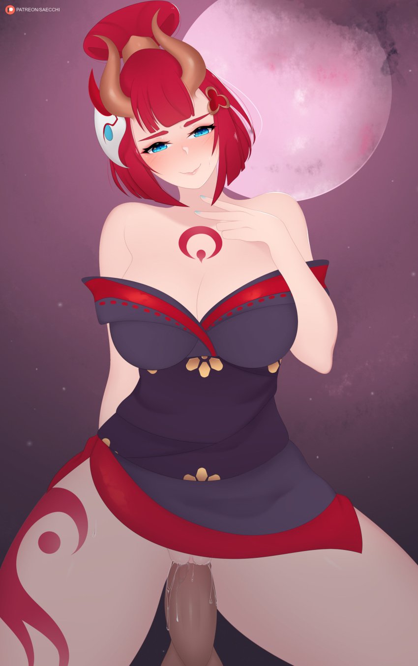 big_breasts blood_moon_evelynn blood_moon_series blue_eyes blue_nails blush clothed_sex clothing cum demon_girl evelynn japanese_clothes league_of_legends markings mask_on_head penetration penis pussy red_hair red_markings saecchi short_hair succubus