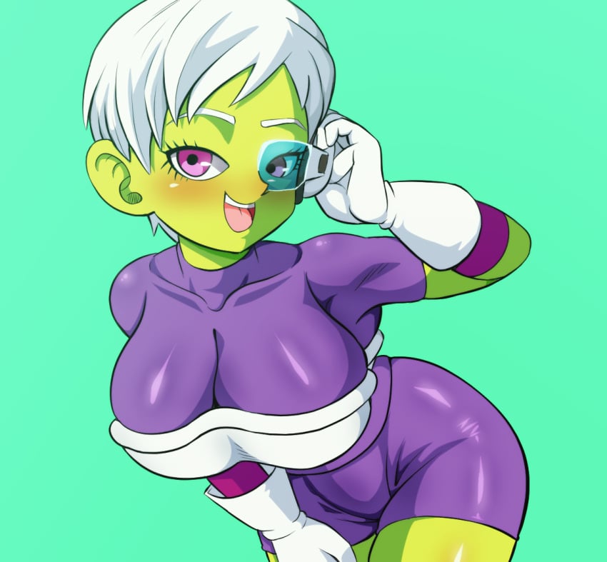 adjusting_eyewear bigduck cheelai curvy curvy_body curvy_female curvy_figure dragon_ball dragon_ball_super female green_body green_skin huge_ass huge_breasts large_ass scouter short_hair small_female tagme thin_waist tight_clothing tight_suit tinted_eyewear tiny_female white_hair wide_hips