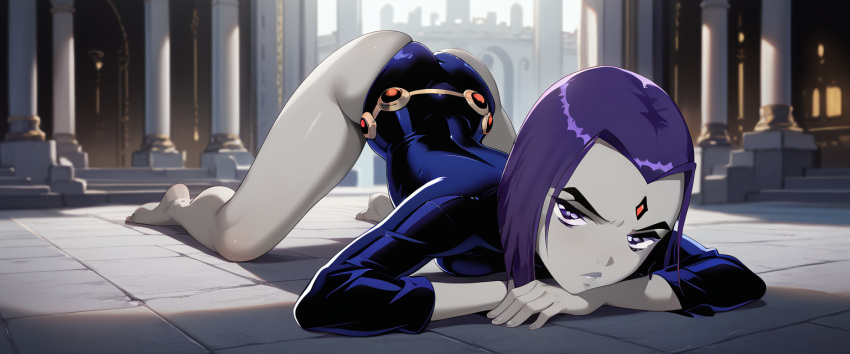 ai_generated arched_back ass ass_up belt bored grey_body kneeling leotard looking_at_viewer lying_on_stomach papagaimon purple_hair raven_(dc) teen_titans tight_clothing top-down_bottom-up