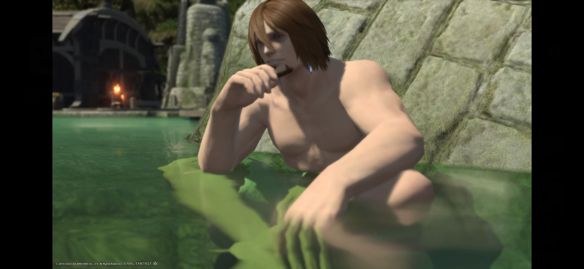 1boy against_wall bisexual_male brown_hair ear_piercing ear_ring exhibitionism final_fantasy_xiv highlander hot_spring hyur implied_nudity male_only menphina's_ear_ring naked naked_male nude nude_male nudism nudist public public_nudity purple_eyes scruffy smile smiling stone_wall