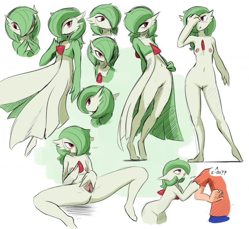 1boy begging bottomless breasts dress female gardevoir green_dress green_hair minuscule_task multiple_pov pokemon pov presenting_pussy red_eyes spread_legs standing