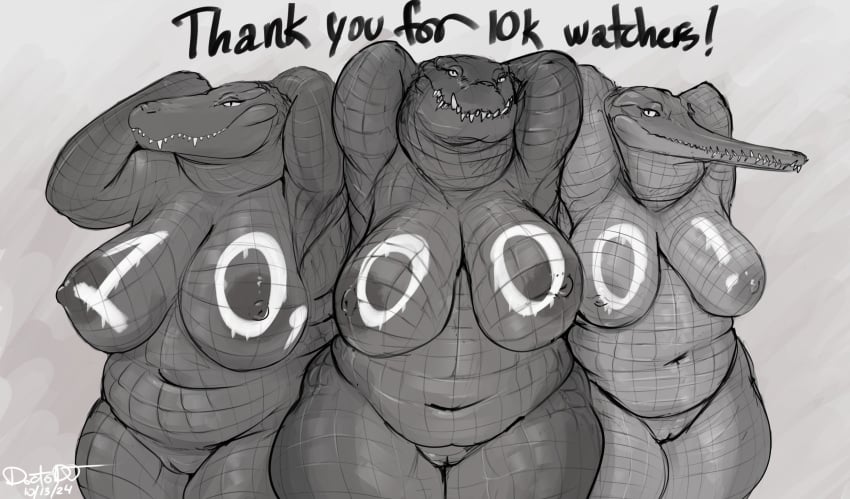 alligator alligatorid anthro belly big_breasts bodypaint breasts celebration crocodile crocodilian doctordj female follower_number gavialid genitals gharial group hands_behind_head hi_res huge_breasts lineup long_snout nipples non-mammal_breasts non-mammal_nipples overweight overweight_anthro overweight_female pussy reptile scalie sharp_teeth snout teeth thick_thighs trio voluptuous_anthro voluptuous_female wide_hips