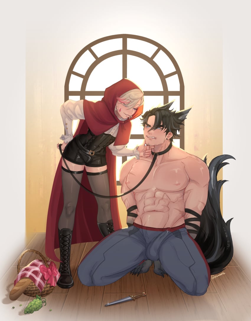 2boys abs angry arms_behind_back artist_request bara boots cosplay dilf erect_penis erection femboy gay gay_domination genshin_impact height_difference human leash leash_and_collar little_red_riding_hood little_red_riding_hood_(copyright) lyney_(genshin_impact) male male/male male_only muscular muscular_male pecs plumerela size_difference small_dom_big_sub stockings tied tied_hands tied_up trap wolf_ears wolf_tail wriothesley_(genshin_impact) yaoi