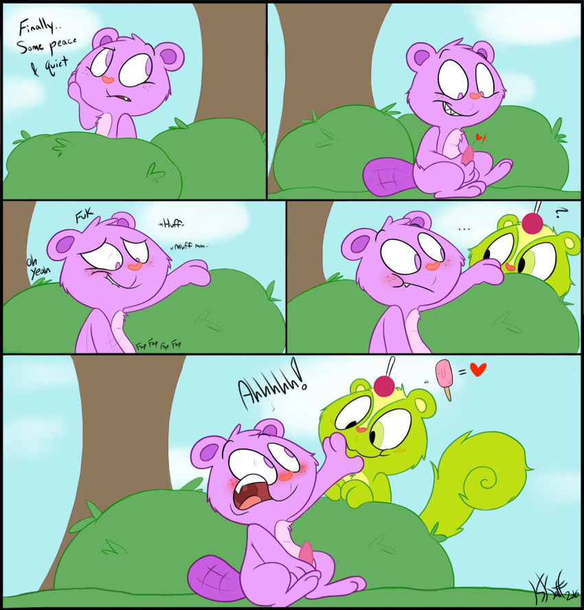 blush comic happy_tree_friends hi_res kippykat male masturbation nutty_(htf) penile penile_masturbation penis plant shrub toothy_(htf)