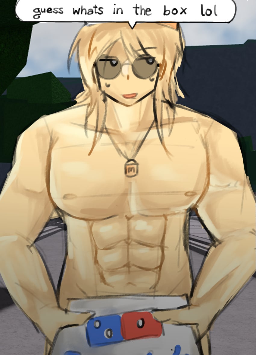 1boy 3d_background abs artist_request muscular_male nude pizza_box roblox roblox_avatar roblox_background roblox_game robloxian solo_male source_request tagme text the_strongest_battlegrounds yellow_skin