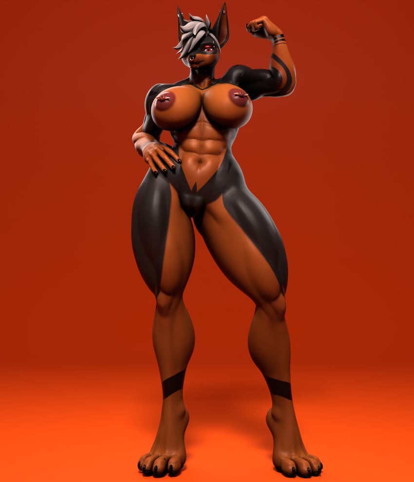 abs anthro big_breasts breasts canid canine canis dobermann domestic_dog facial_piercing female fightinlove flexing hi_res looking_at_viewer mammal muscular muscular_female nipple_piercing nipples nose_piercing piercing pinscher rosven_(fightinlove) solo tattoo thick_thighs valorlynz