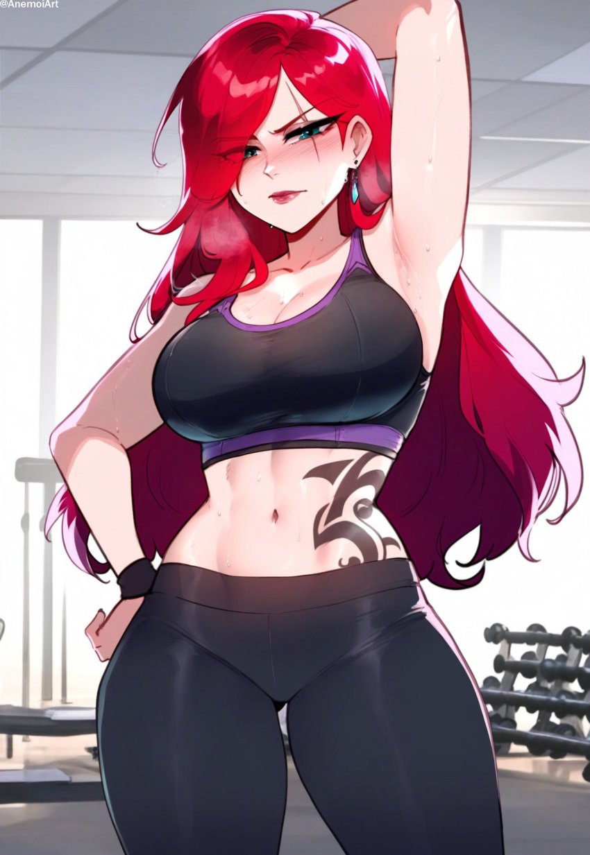 1female 1girls ai_generated anemoi armpit blush bra breasts female front_view gym gym_clothes gym_uniform katarina_du_couteau league_of_legends leggings looking_back red_hair riot_games scar scar_across_eye scar_on_face solo solo_focus sports_bra sportswear steam steamy_breath sweat sweatdrop sweating sweaty sweaty_body tattoo watermark yoga_pants