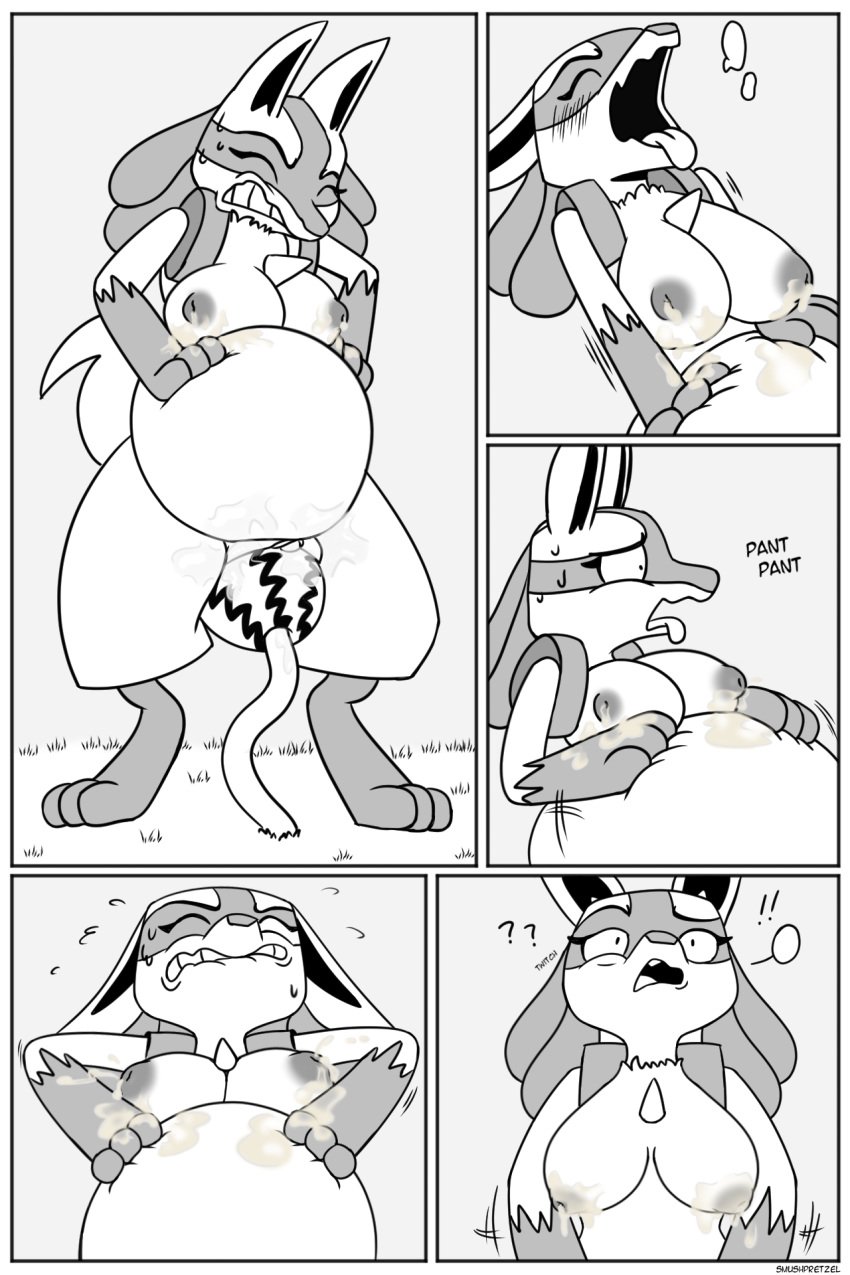 anthro birth breasts comic female food fruit furry grass hi_res inflation lactating lucario melon milk monochrome nintendo plant pokemon pokemon_(species) pokemon_dppt pregnant smushpretzel stomach_bulge video_games vines watermelon watermelon_insertion