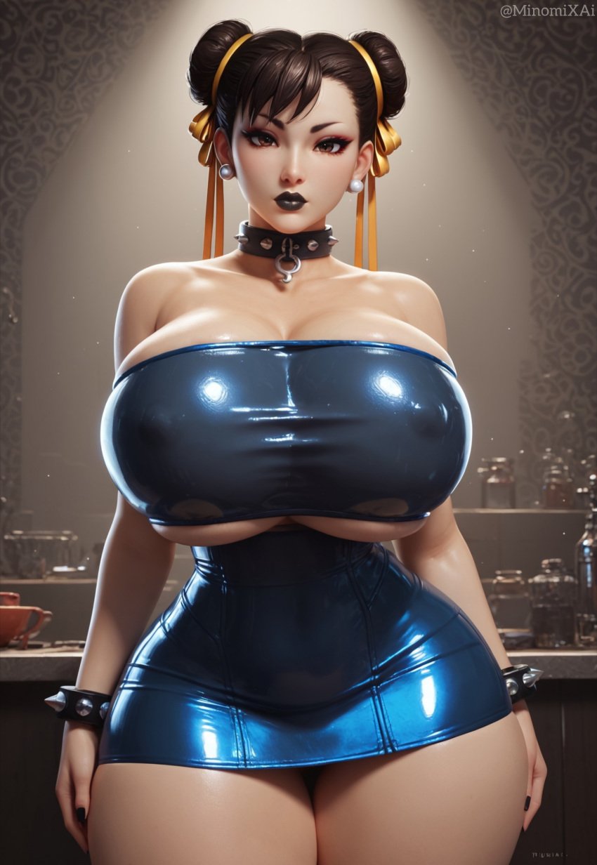 1girls ai_generated bangs bare_shoulders bracelets breasts brown_eyes brown_hair busty capcom choker chun-li cleavage collar curvy curvy_figure double_bun dress earrings fit_female goth goth_girl hair_ribbon huge_breasts large_breasts latex lipstick makeup miniskirt minomixai painted_nails panties piercing shiny_clothes shiny_skin skin_tight skirt solo solo_focus spiked_bracelet spiked_collar street_fighter thick_thighs thighs tight_clothing tube_top tubetop underwear upskirt voluptuous voluptuous_female wide_hips