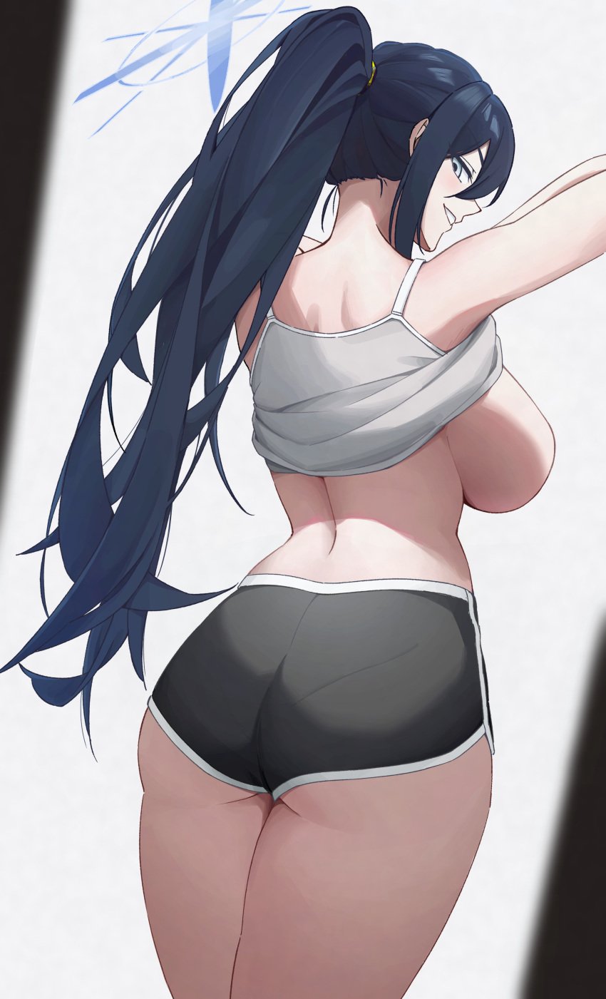 1girls absurdres ass black_shorts blue_archive blue_eyes blue_hair blue_halo breasts breasts_out camisole dolphin_shorts female hairband halo highres kuro_torie large_breasts long_hair looking_at_viewer looking_back nape pantylines ponytail saori_(blue_archive) short_shorts shorts sideboob simple_background sleeveless smile solo undressing white_background white_camisole