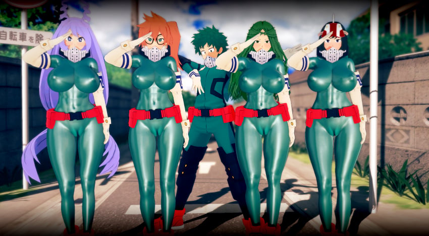 1boy 3d 4girls green_outfit hero_outfit_(mha) ibara_shiozaki itsuka_kendou izuku_midoriya izuku_midoriya_(cosplay) izuku_midoriya_(hero_outfit) my_hero_academia nejire_hado qxdt yui_kodai