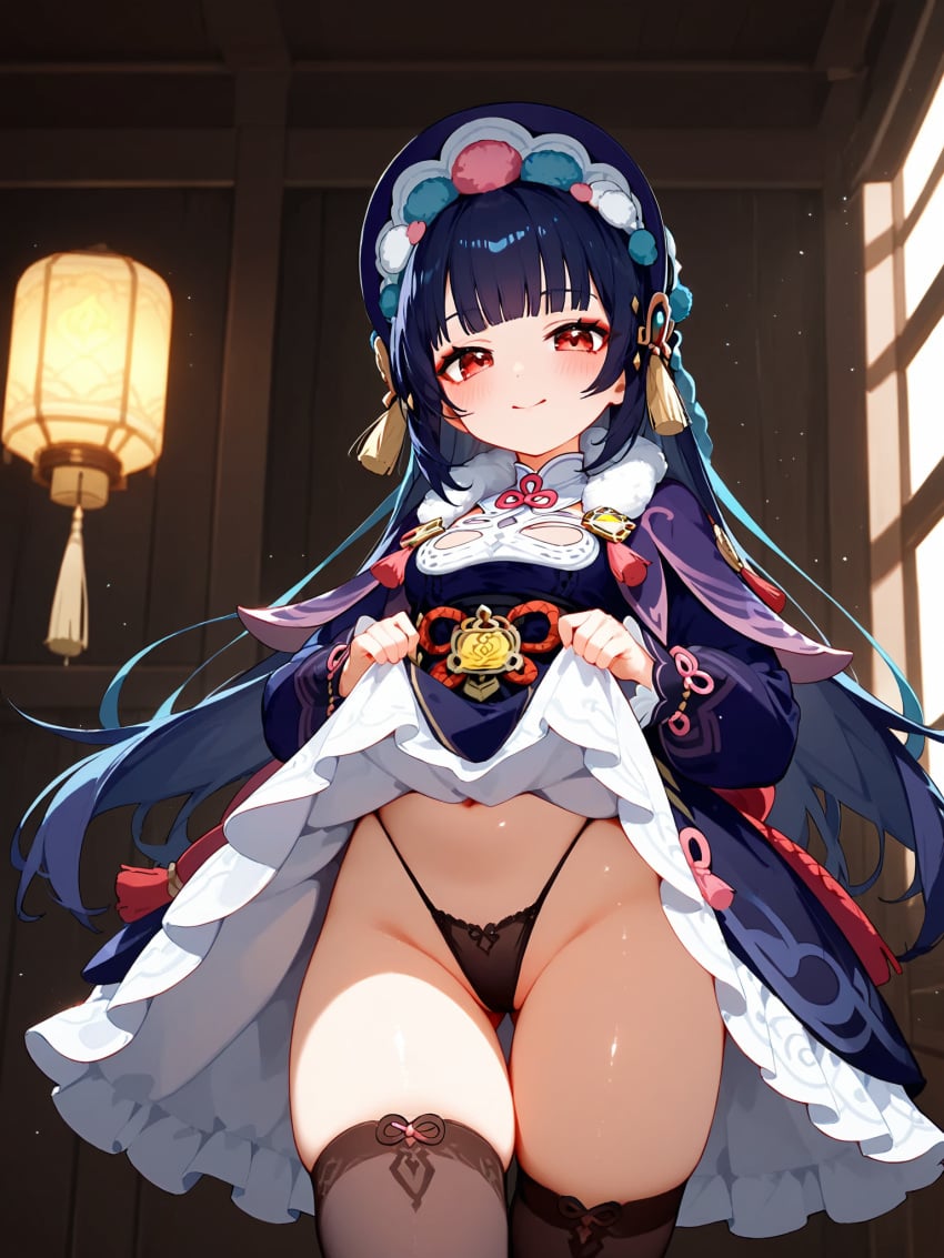 absurd_res ai_generated blush bonnet genshin_impact lifted_dress lolita_fashion long_sleeves medium_breasts ministro panties showing_panties standing tassel thick thick_thighs thong yun_jin_(genshin_impact)