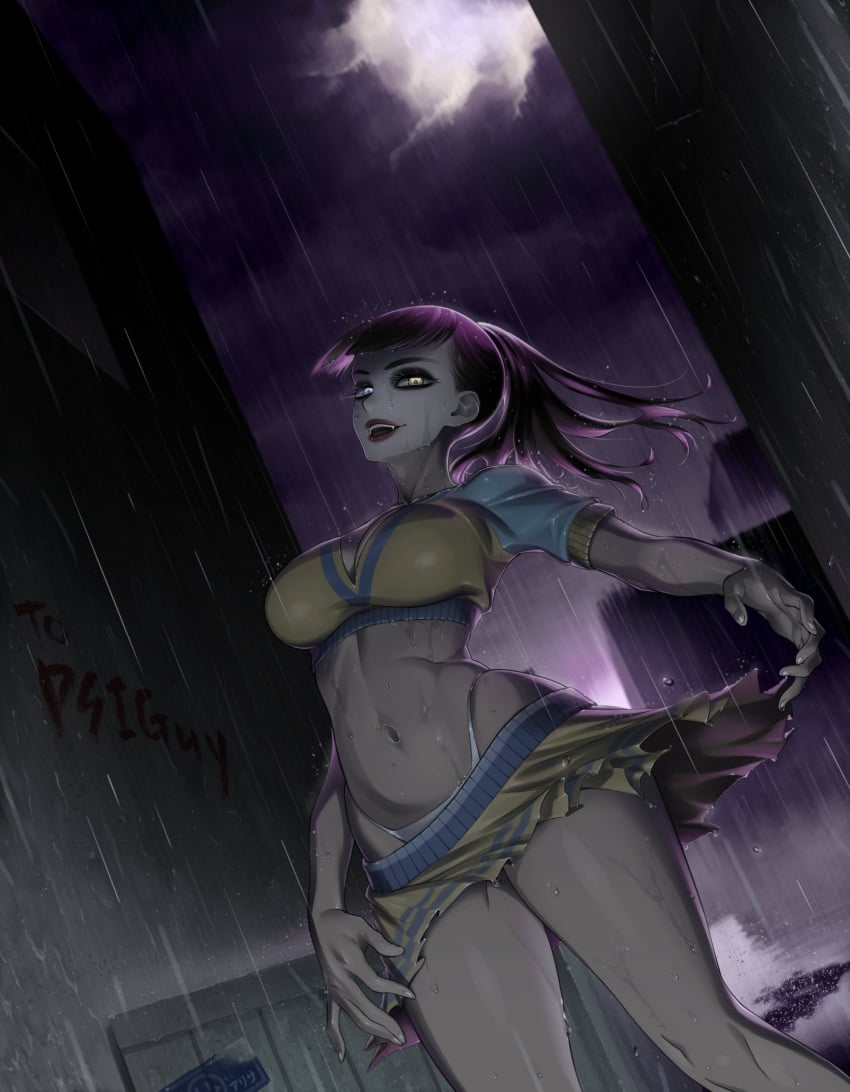 1girls big_breasts brown_hair cheerleader_uniform graffiti heterochromia hi_res malkavian midriff natto_soup pale_skin panties_visible_through_clothing ponytail rain vampire vampire_the_masquerade vampire_the_masquerade_bloodlines world_of_darkness