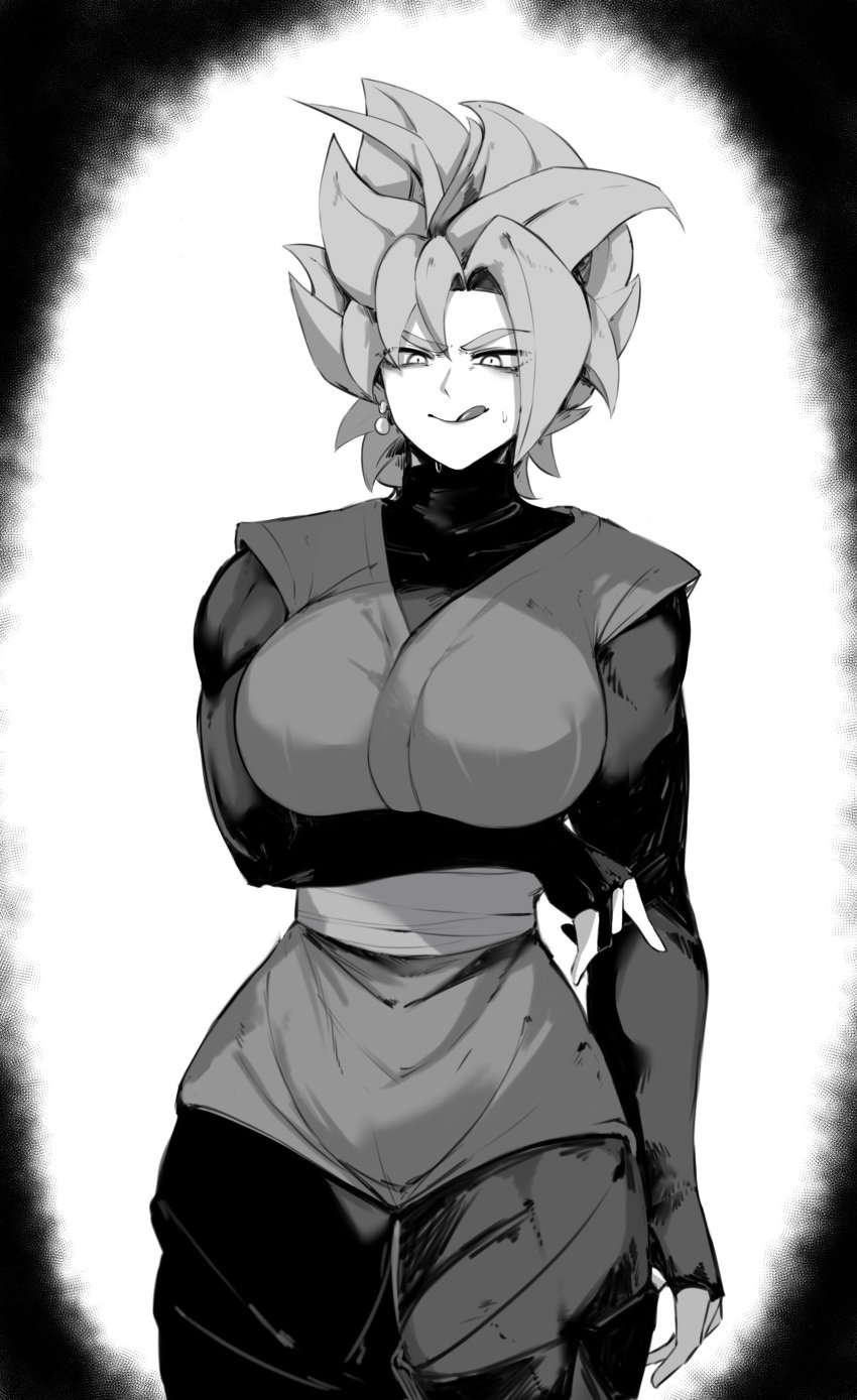 1girls arm_under_breasts big_boobs big_breasts black_and_white black_clothes black_clothing boobs breasts clothed dragon_ball dragon_ball_sparking!_zero dragon_ball_super ear_piercing earrings eyelashes female female_focus female_goku female_goku_black female_only female_saiyan fingerless_gloves genderswap_(mtf) gloves goddess goku_black huge_boobs huge_breasts large_boobs large_breasts licking_lips masoq095 monochrome pale-skinned_female pale_skin pants potara potara_earring potara_earrings robe rule_63 saiyan saiyan_girl sleeve_gloves smile solo spiky_hair super_saiyan super_saiyan_rose tongue tongue_out white_skin white_skinned_female