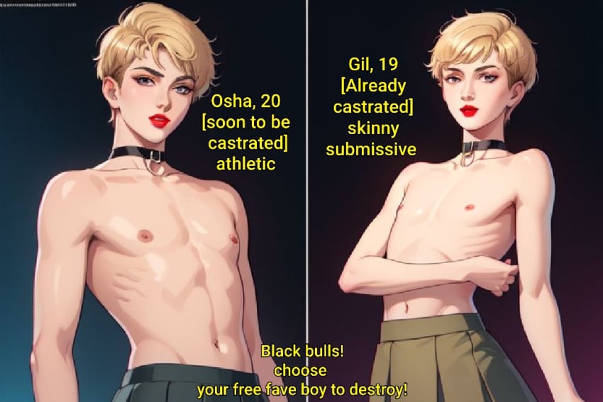 1boy 1femboy 2boys 2femboys 3d abs afroking ai_generated anime_style athletic athletic_male blonde_hair caption choker comparing comparison competition crossdressing crossdressing_male english_text exposed_breasts exposed_nipples exposed_torso femboy feminine feminine_male fit fit_male flat_chest flat_chested gay lips lipstick makeup male male_only muscles muscular muscular_male pale-skinned_male pale_skin red_lipstick sissy skinny skinny_male skirt solo text topless topless_male twink white_body white_skin yaoi yellow_eyes