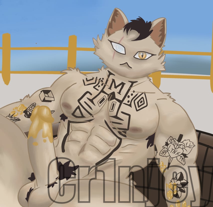 abs anthro armpit_hair balls buff epic_games eye_scar feline fortnite fortnite:_battle_royale fur genitals hair male male_only mammal meowdas meowscles meowscles_(fortnite) nipples penis pubes scar solo tattoo